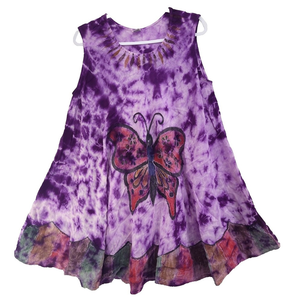 Tie Dye Beach Cover Up Summer Dress Purple Embroidered One Size Coastal Vacation